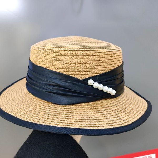 

summer french elegant pearl straw women's travel sunscreen versatile flat brim british hat, Black;white