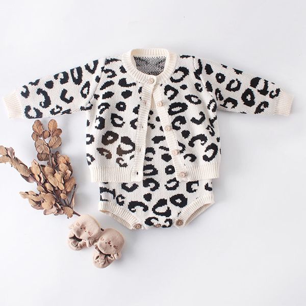 Baby Boy Girl Outfits Roupas Set Nascido Leopardo Imprimir Casaco Knit + Macacões Terno Meninos Infantos Roupas de Meninas 210429