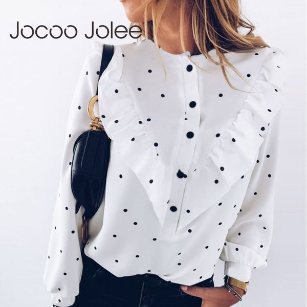 

elegant ruffle polka dot print blouse women o-neck long sleeve shirt female spring summer casual lady clothing 210428, White
