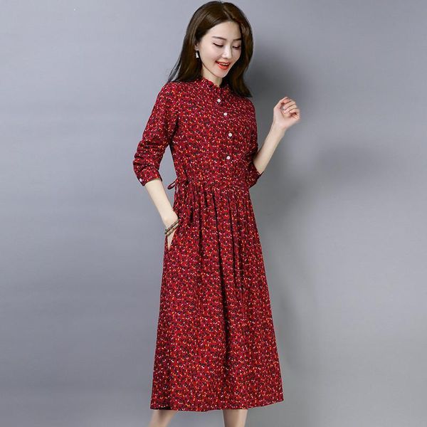 

casual dresses summer vintage floral print cotton and linen midi dress 2021 elegant women retro long sleeve pleated vestidos d111, Black;gray