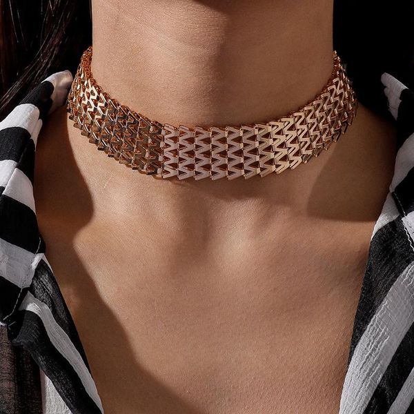 

chokers gsold exaggerated mesh chain hip-hop metal hollow wave texture wide necklace punk men women neck collar, Golden;silver