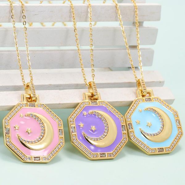 Anhänger Halsketten EYIKA Mode Stern Mond Zirkon Halskette Für Frauen Gold Farbe Kette Handarbeit Emaille Octagon Choker Schmuck Collier Femme