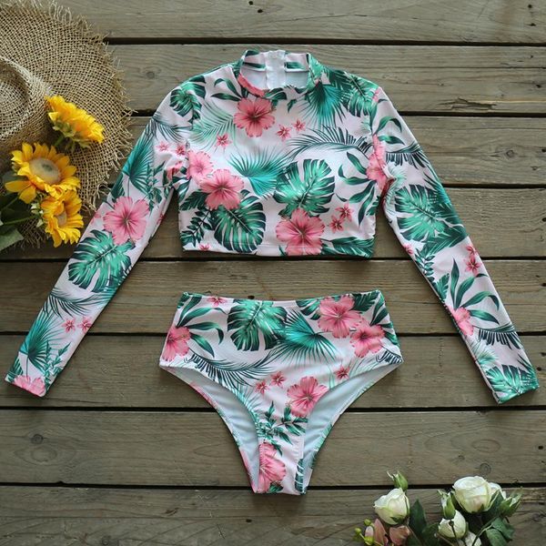 

women's swimwear 2021 print long sleeve bikinis women swimsuit high waist bathing suits beachwear brazilian bikini set biquini female, White;black