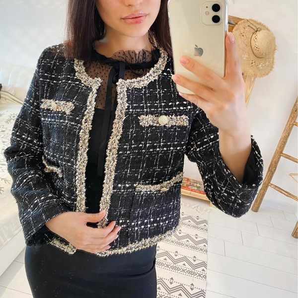 

women's jackets spring autumn vintage tweed jacket coat women small fragrance patchwork korean woollen coats elegant short outerwea, Black;brown