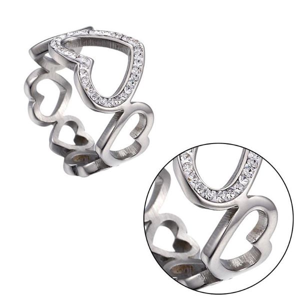Coração em forma de anéis strass anel de dedo elegante decoração de jóias tamanho 6 casamento de prata
