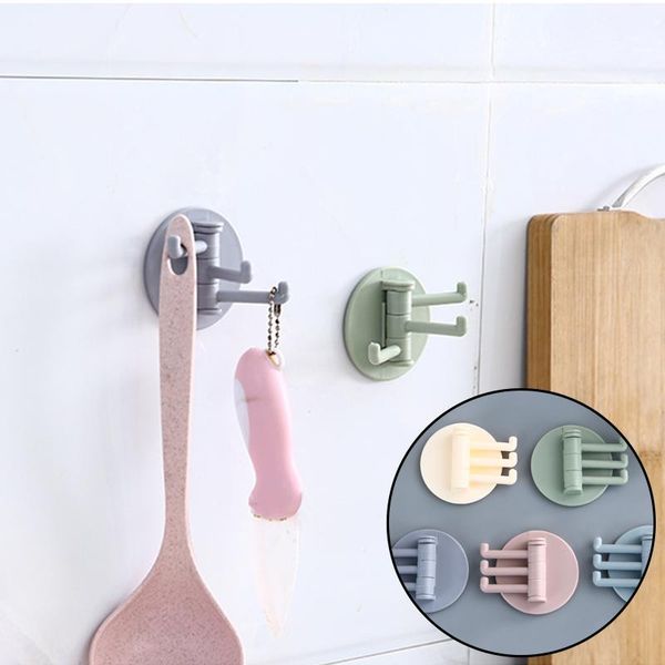 

seamless paste 3 branch rotating hooks kitchen bathroom wall hook home decoration nail shelf adjustable & rails