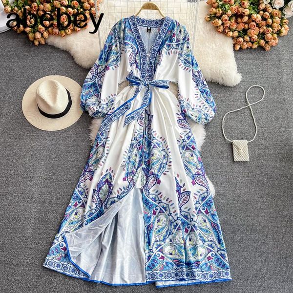 

casual dresses 2021 autumn winter elegant v-neck long sleeve dress single breasted high waist lace up printed a-line big skirt, Black;gray