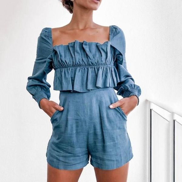

women's jumpsuits & rompers 2021 womens korean long sleeve blue pockets loose casual playsuits skinny short patchwork jumpsuit, Black;white