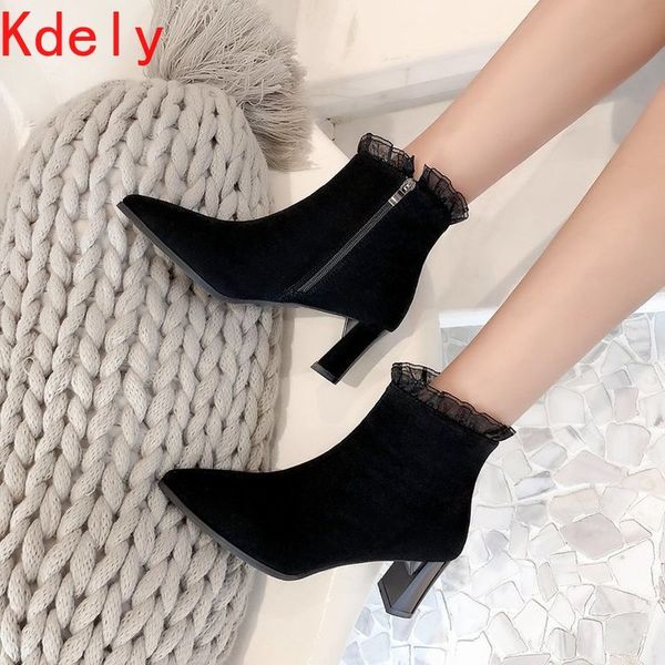

boots plus velvet warm winter women vintage short plush high heels ankle zipper pointed toe shoes 6qqe, Black