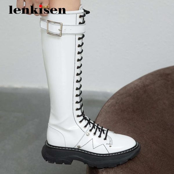 

boots lenkisen motorcycle genuine leather buckle decorations round toe thick med heel zipper keep warm punk knee high l10, Black