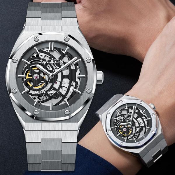 

wristwatches cadisen luxury automatic skeleton watch men mechanical 100m waterproof sapphire crystal full steel hollow watches for, Slivery;brown