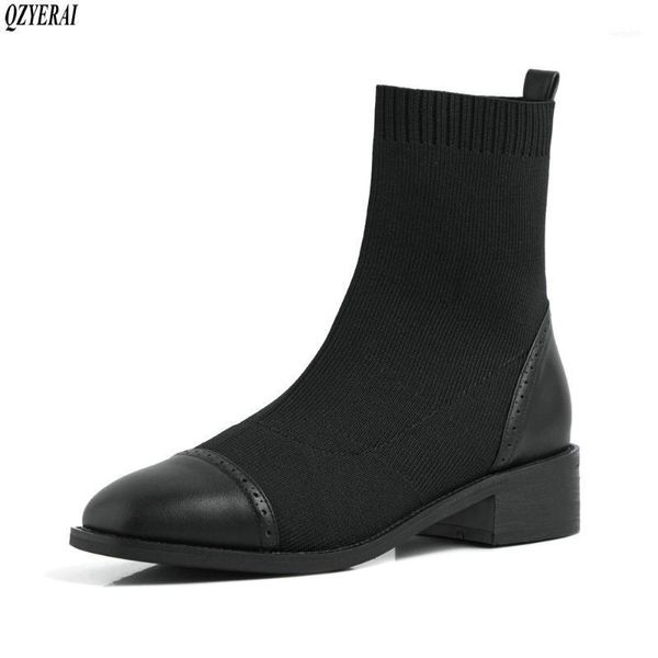 

boots qzyerai style genuine leather women's knitting wool autumn and winter socks female cowhide shoes11, Black