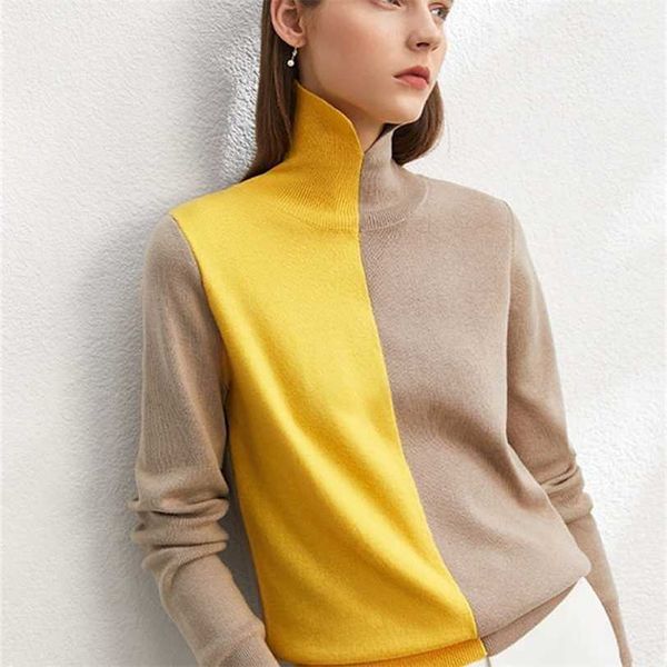 

amii minimalism women sweater fashion contrast spliced knitted polo collar pullover winter sweaters female 1348 211217, White;black