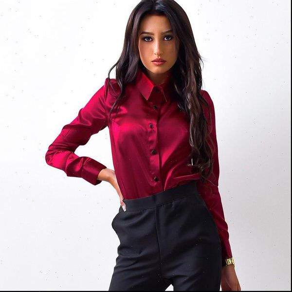 

blusa elegant wine red green women shirt satin turn down collar longth sleeve female formal office ol, White