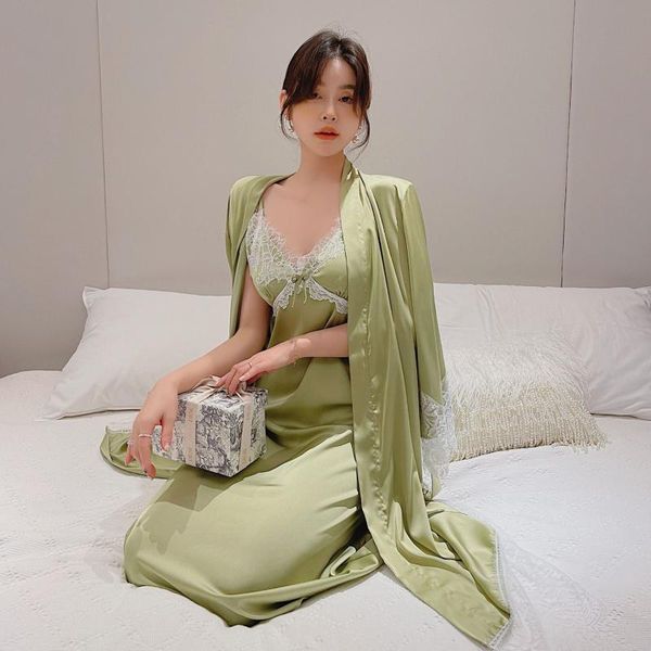 

women's sleepwear satin kimono robe gown women 2pcs nightdress&bathrobe suit lace summer v-neck nightwear intimate lingerie, Black;red