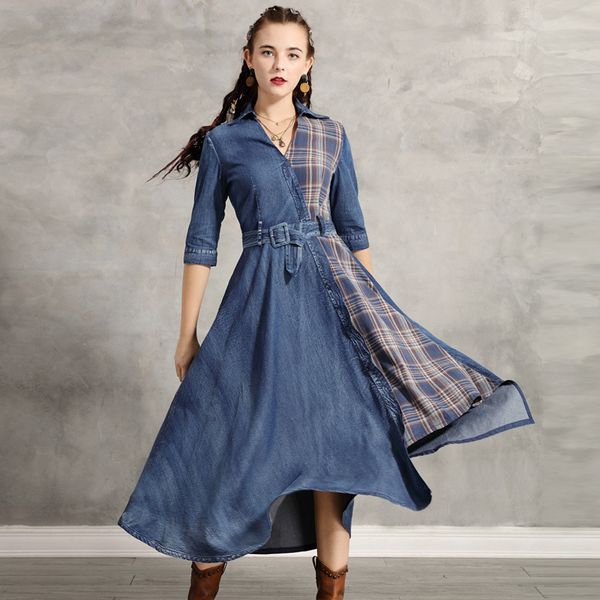 

johnature asymmetrical denim dress women clothes autumn vintage plaid turn-down collar patchwork sashes women dresses 210521, Black;gray