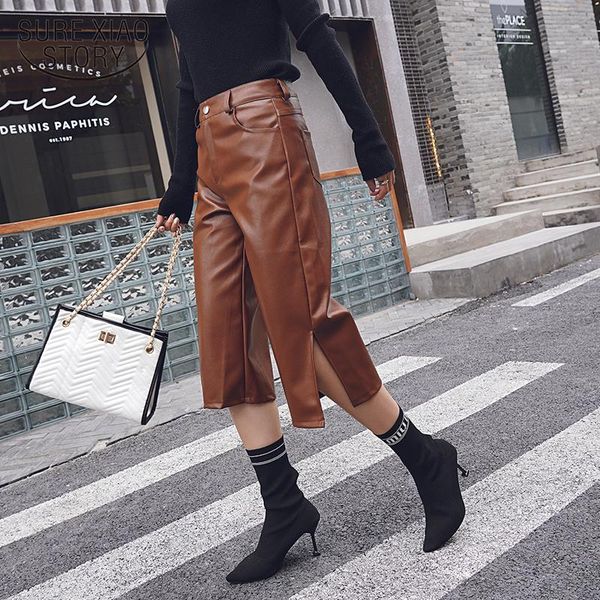 

autumn winter british style pu leather pants women waist split cropped trousers casual straight locomotive overalls 12547 women's & cap, Black;white