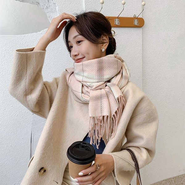

plaid scarf imitation cashmere female japan south korea sweet shawl warm winter woven line tassel scarf autumn and, Blue;gray