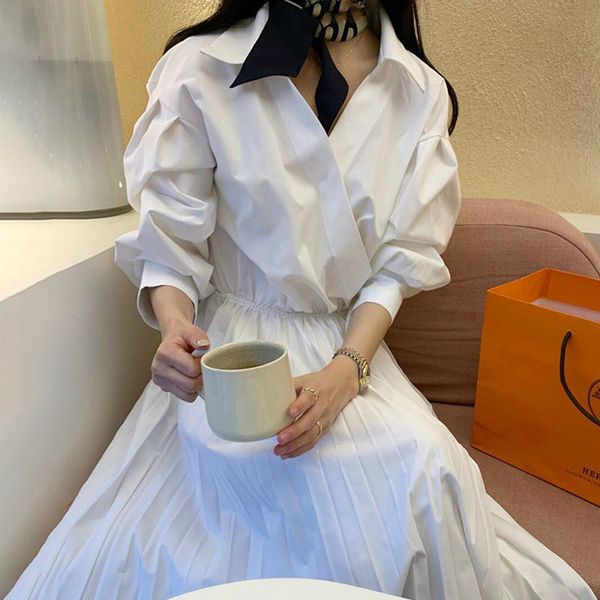 

spring female loose casual turn down collar solid color long lantern sleeve lace up split pleated dress 16w287 210510, Black;gray