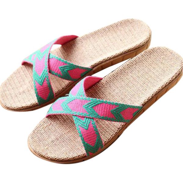 

women's summer arrow linen slippers outside pink beach flax women slides girl's sandals home indoor shoes flip flops, Black