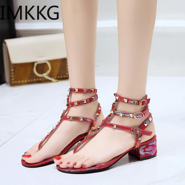 

dress shoes summer fashion gladiator sandals women rivet straps thick med heels red woman comfortable ladies, Black