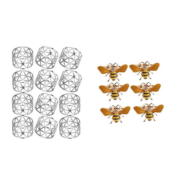 

12pcs hollow out napkin rings holders ring & 6pcs yellow bee design metal towel buckle