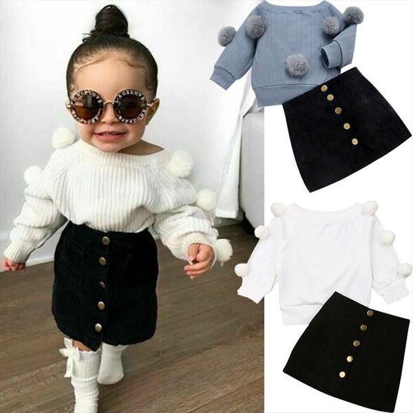 

1 6y baby girls clothes set girl long sleeve hairball knit kids sweater button mini skirt toddler outfits sets, White