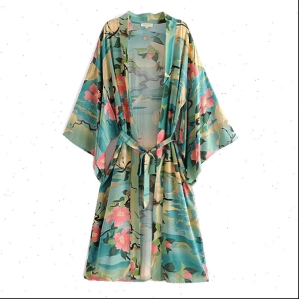 

bohemian v neck crane womens shirts lotus flower print long kimono ethnic lacing up with sashes cardigan loose blouse, White