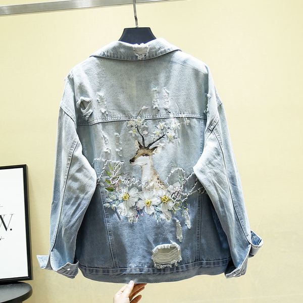 

women's jackets spring autumn fawn embroidered denim women vintage beading print hole jeans harajuku coat g078 7675, Black;brown
