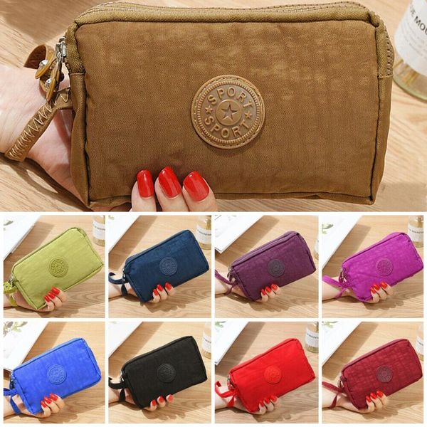 

wallets portable bags womens canvas strap stitching squared phone bag short wallet three-layer zipper coin card key purse multi-color, Red;black