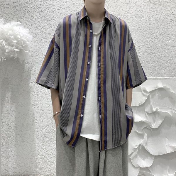 

men's casual shirts vertical stripe shirt summer short sleeve trend loose coat versatile couples college korean leisure office 2021 fas, White;black