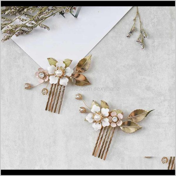 Barrettes Drop Delivery 2021 Pettini per capelli a foglia di fiori Fermagli per capelli in oro Copricapo di perle di cristallo Forcine per le donne Sposa Gioielli da sposa W