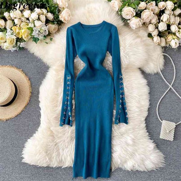 

ins fashion autumn arrival button details women sweater dress slim solid bodycon winter knit 210602, Black;gray