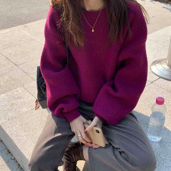 

sweaters fashion solid sweater loose french style retro soft o-neck thicken pullovers lazy office lady long sleeves knitted, White;black