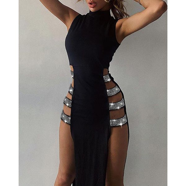 

women's swimwear women dress elegant lady sleeveless mock neck studded rihnstone bandage side high slit cutout night club dresses, White;black
