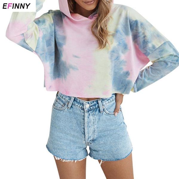 

women's hoodies & sweatshirts women tie dye print short sweatshirt female drawstring long sleeve streetwear cothing, Black