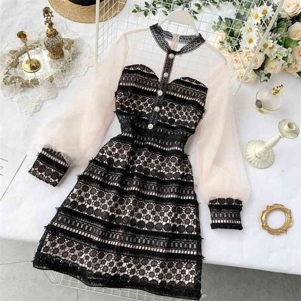 

women round collar perspective mesh long sleeve lace dress lady fashion vestidos largos de verano para mujer n878 210527, Black;gray