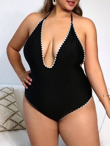 

plus whip stitch plunging one piece swimsuit j4li#, Black