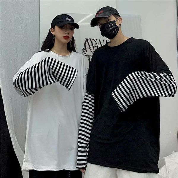 

e-baihui harajuku t-shirt women's t-shirt men's casual couple shirt stitching panelled stripe long sleeve hip hop fake two pieces, White;black
