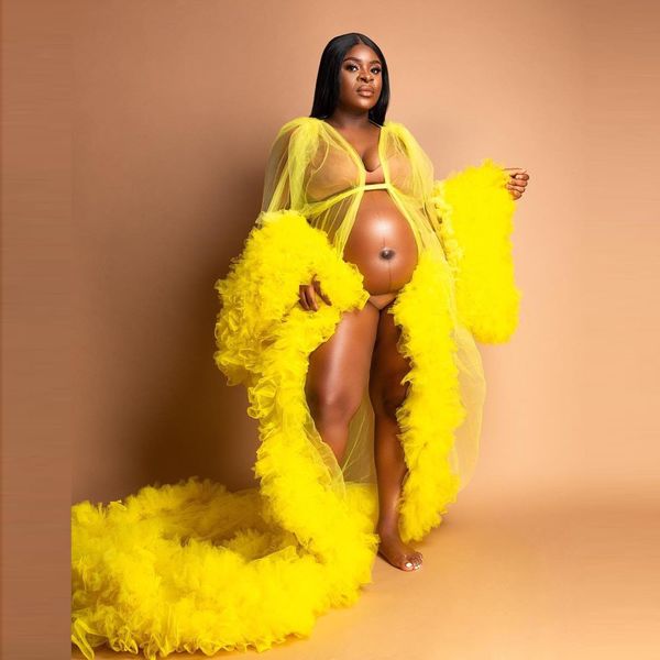 

bright yellow tulle maternity dresses long sleeve women plus size evening gowns see through sheer prom dress robe, Black