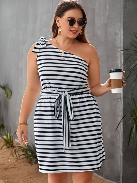 

plus striped one shoulder bow detail belted dress v2yx#, Black