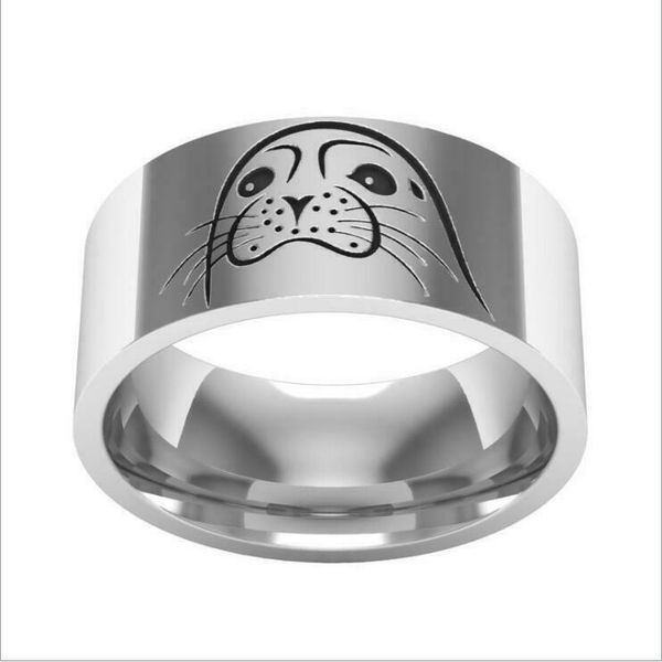 

8mm silver rings sea lion sea dog band stainless steel cute jewelry size 6-13