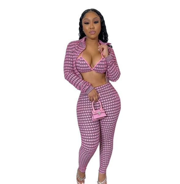 

new women's set zipper full sleeve coat+bar+skinny pants suit plaid print three piece suit tracksuits, Gray