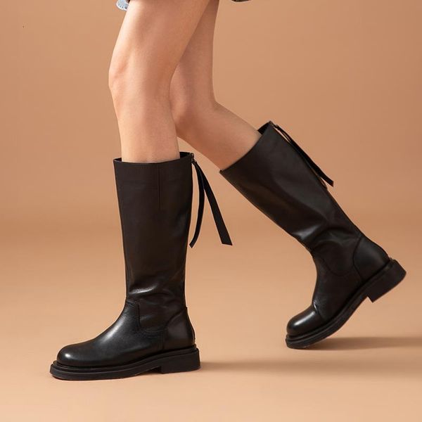 

beautoday knee high women genuine cow leather round toe back zip ladies fashion long boots autumn winter shoes 01512 orlu, Black