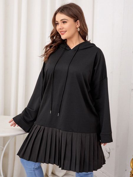 

plus solid pleated hem drawstring hoodie a7cw#, Black