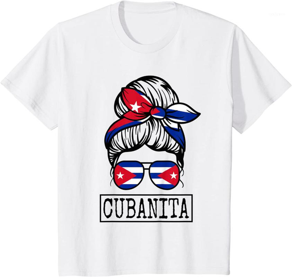 

women's t-shirt cubanita messy hair woman bun cuba flag for girls, White