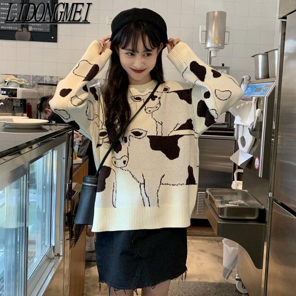 

vintage casual loose lazy cow sweater female korean harajuku muslim wear women's clothing japanese kawaii cute temperament sweaters, White;black