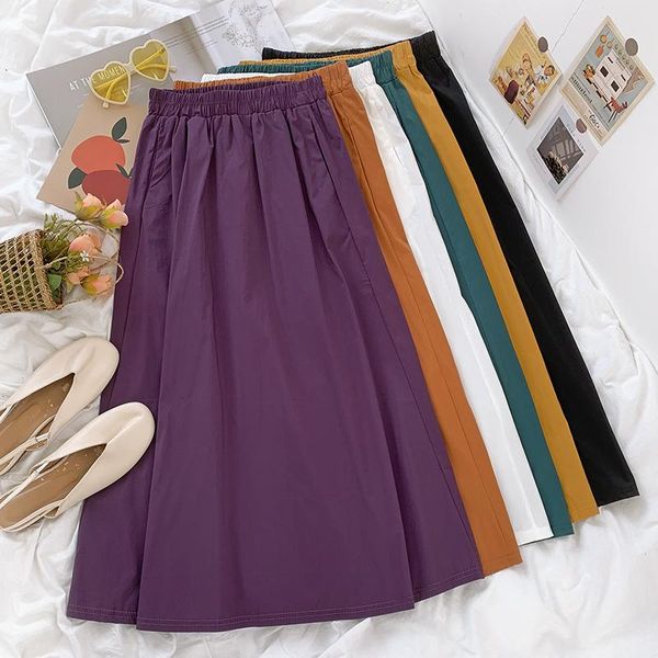 

multi color basic a line long skirt women summercomfortable elastic high waist loose pleated with pocket skirts, Black