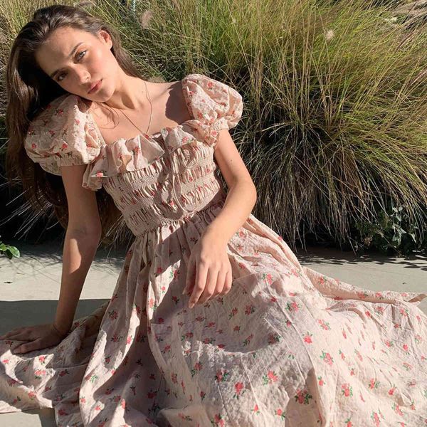 

floral long summer women casual beach maxi boho vintage retro ruffle slit puff sleeve dress 210415, Black;gray