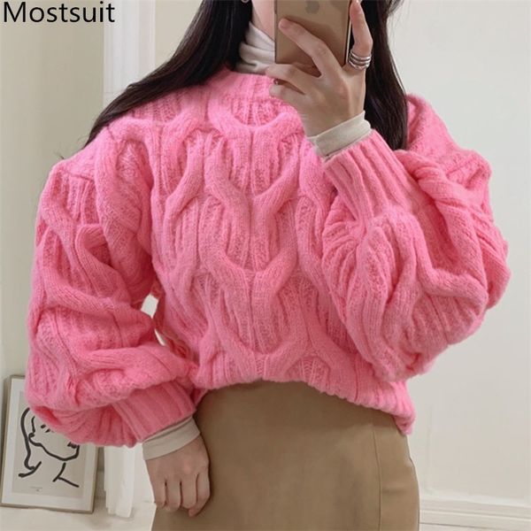 

winter thicken twisted knitted pullover sweater women lantern sleeve o-neck solid loose fashion female sweaters femme 210518, White;black